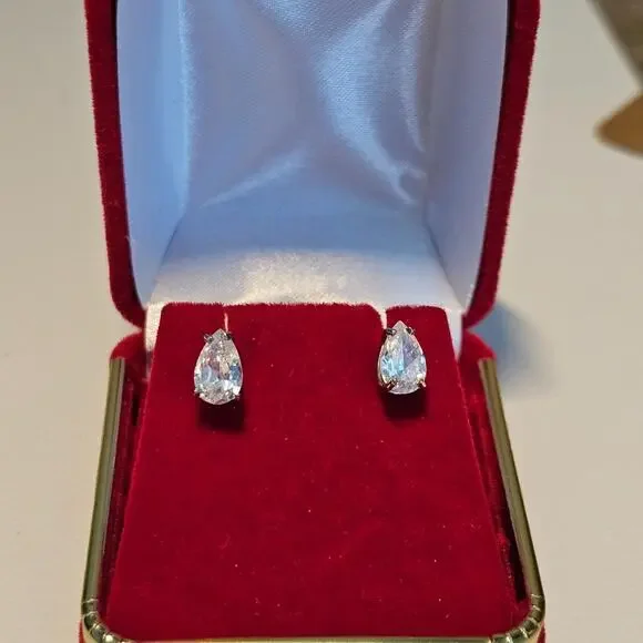 14k Real Gold Solitaire Cubic Zirconia Stud Earrings - 5 X 7mm, 1.32g - Picture 2 of 8